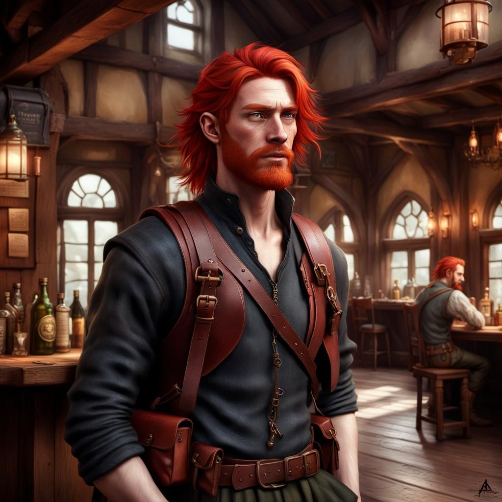 Red-Haired Man with Backpack in Tavern