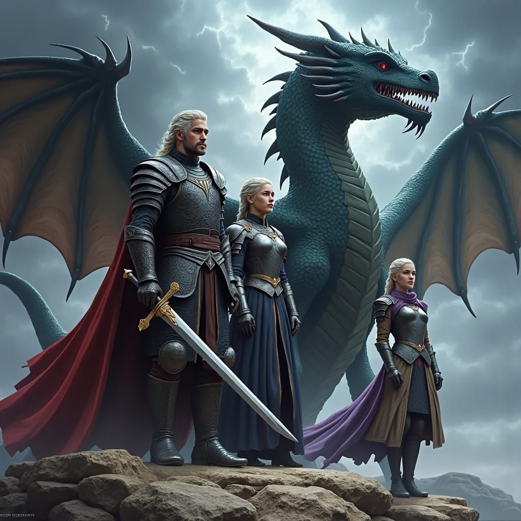 Targaryen Siblings with Dragons in Stormy Fantasy Landscape