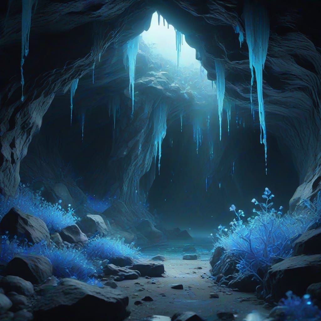 Bioluminescent Crystals in a Surrealist Cave