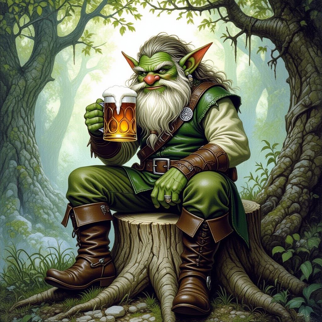 Troll Enjoying Beer in Mystical Forest