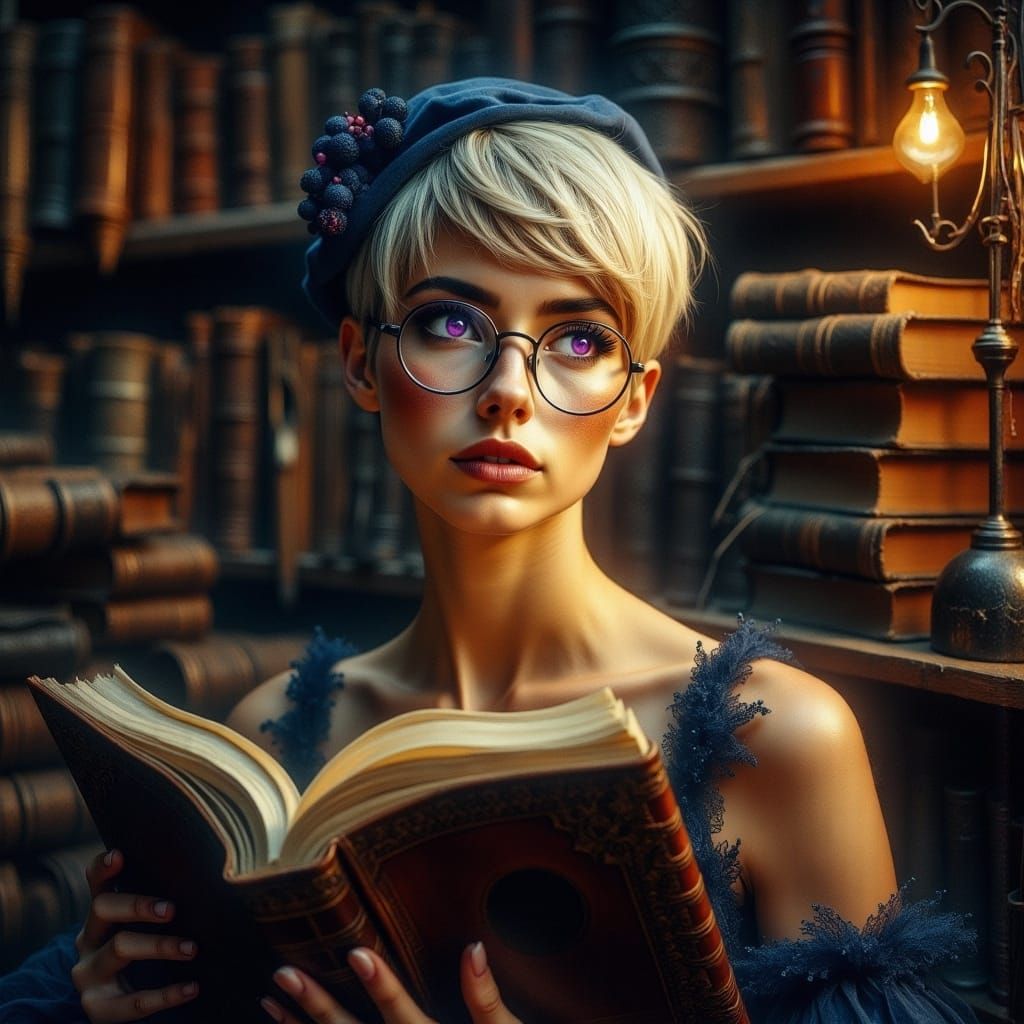 Mystical Bookstore Portrait in Hyperrealistic Style