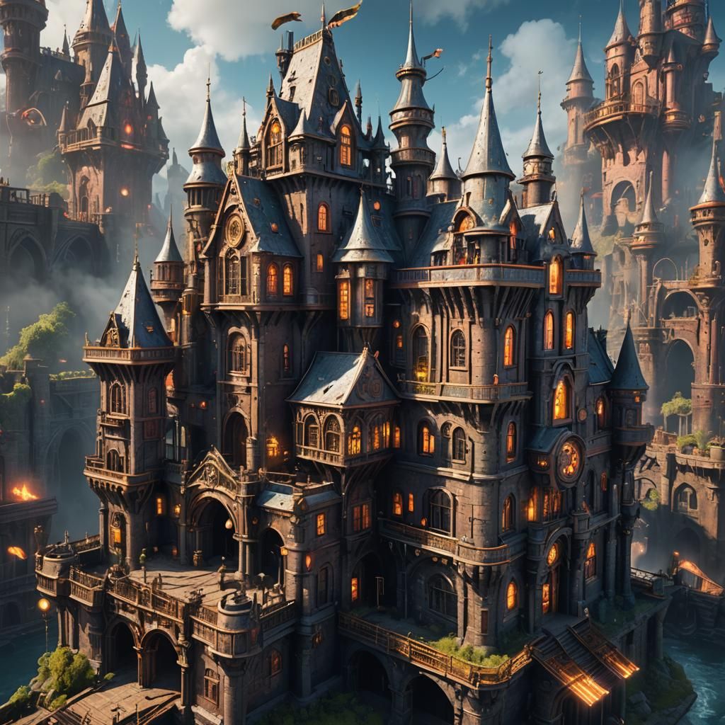 Detailed Steampunk Castle with Bright Neon Colors