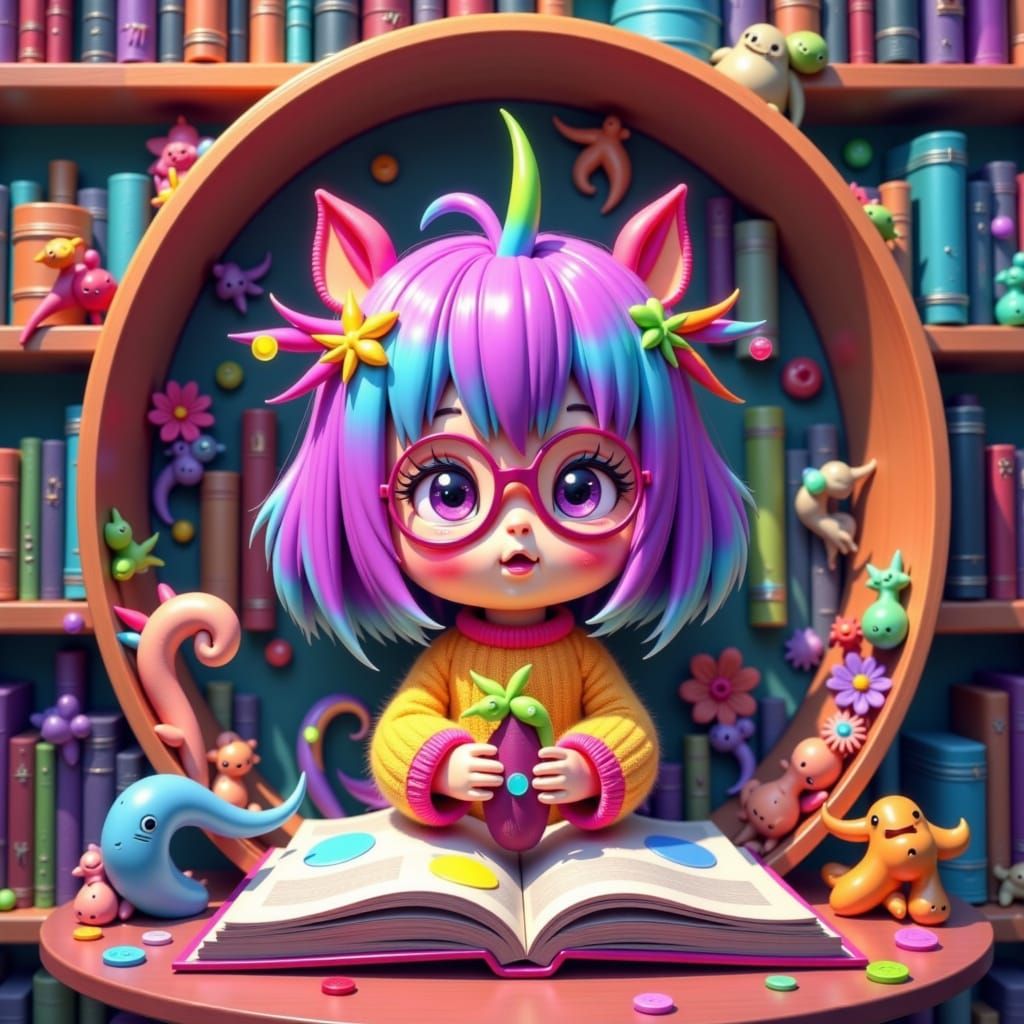 Chibi Rainbow in Cozy Library Nook, Miyazaki Style