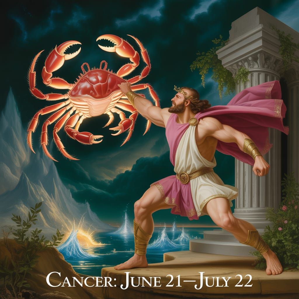 Cosmic glowing crab fighting Hercules who is dressed head to...