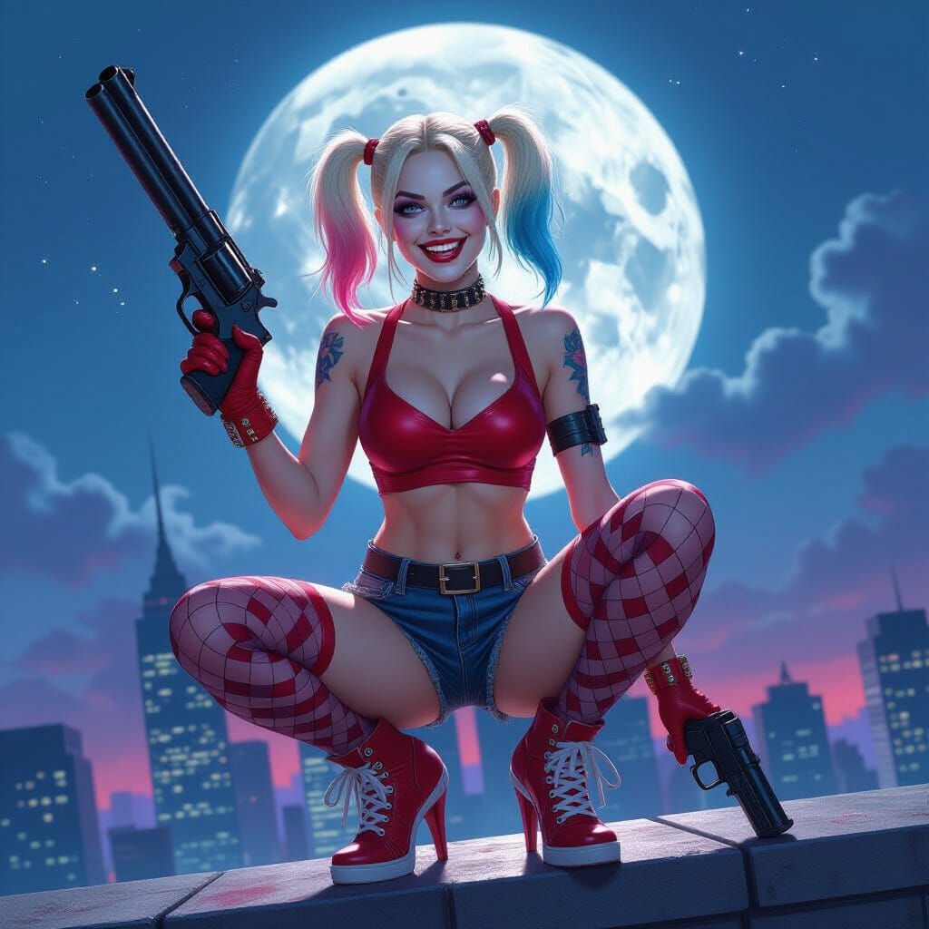 Harley Quinn with Revolver on Rooftop Under Full Moon