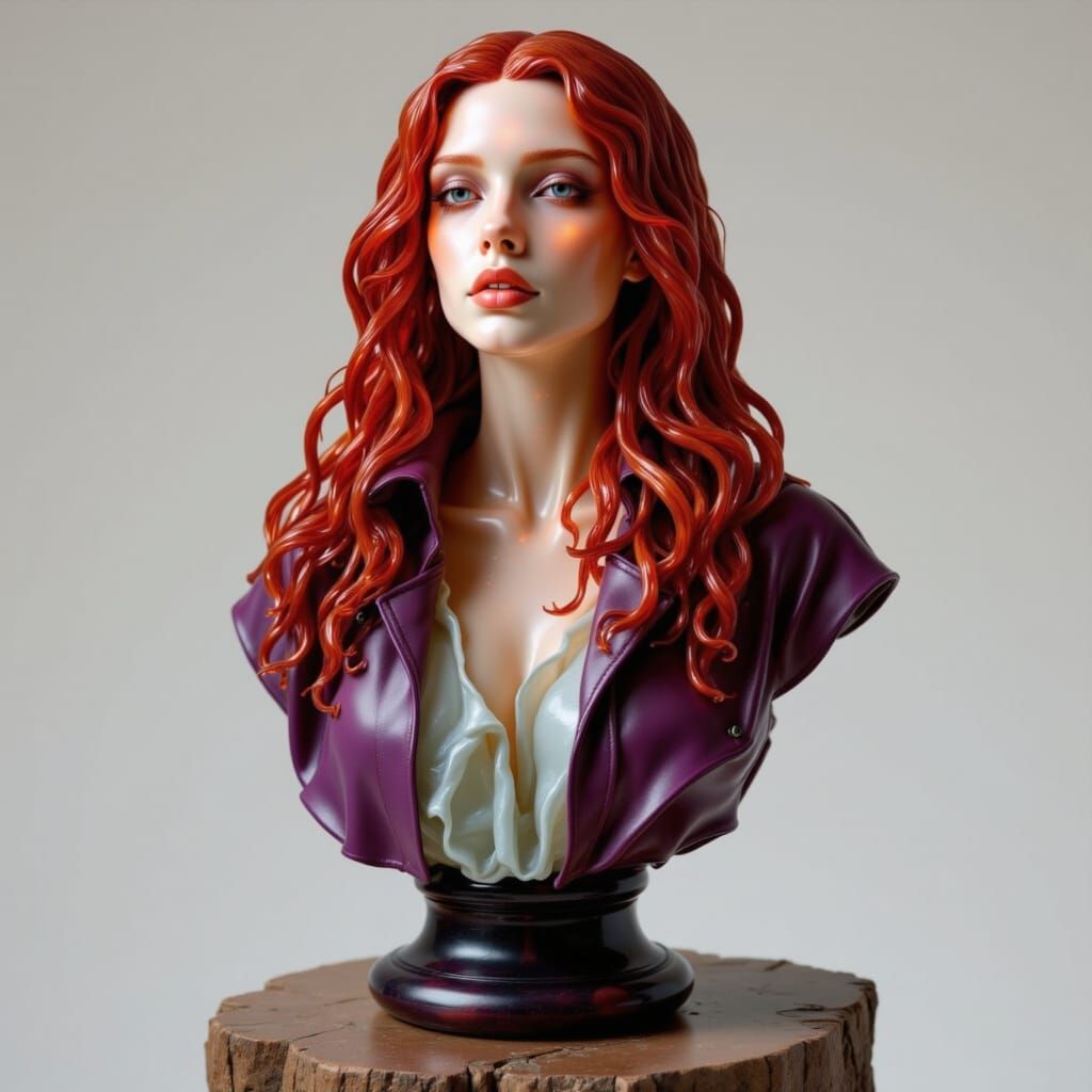 Red-Haired Woman in Translucent Glass Bust Sculpture