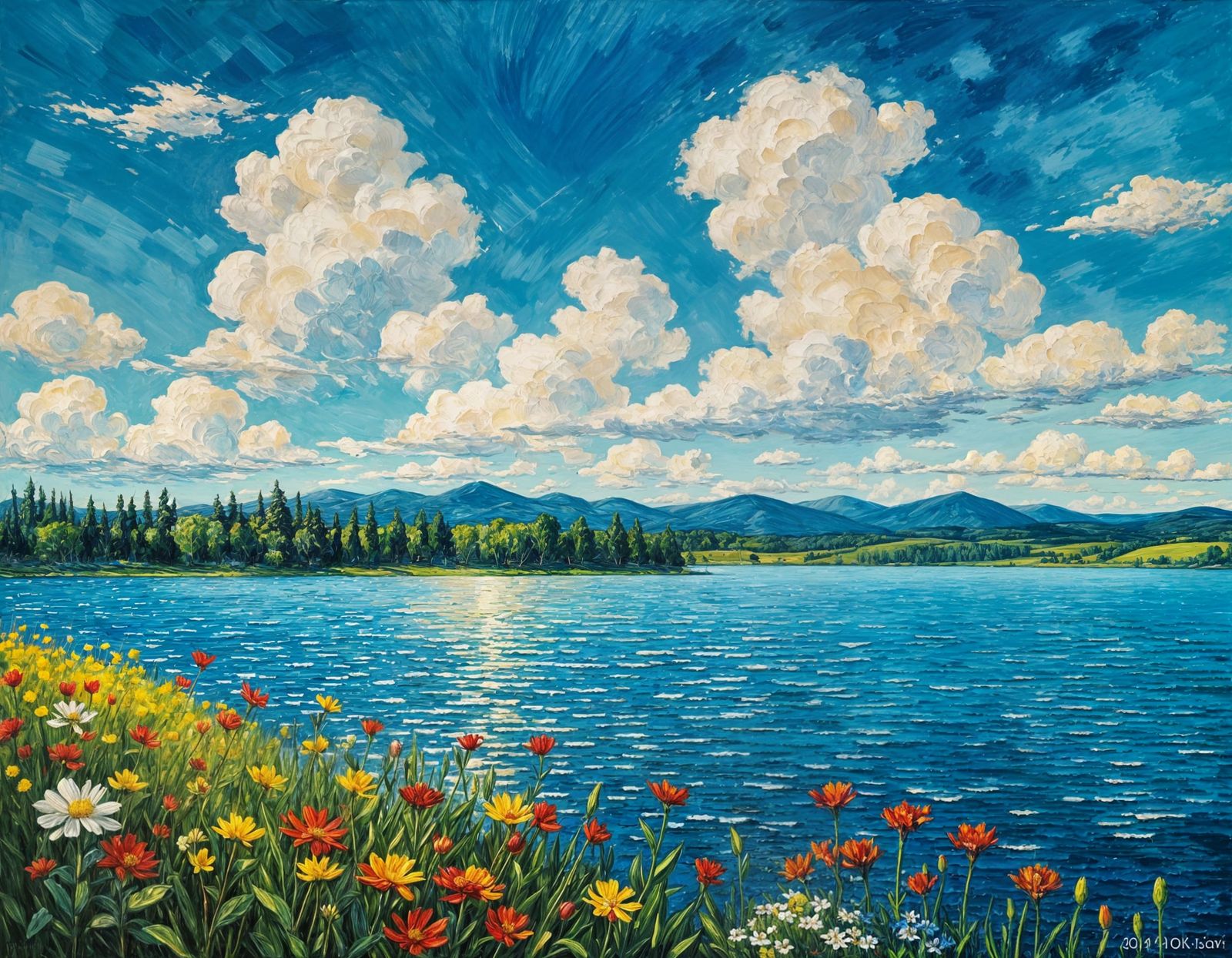 Lakeside in Post-Impressionist Oil on Canvas Style
