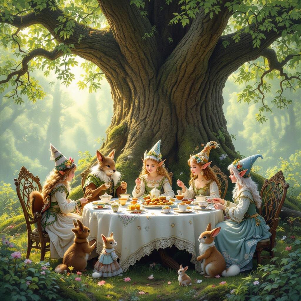 Whimsical Forest Tea Party with Elves and Creatures