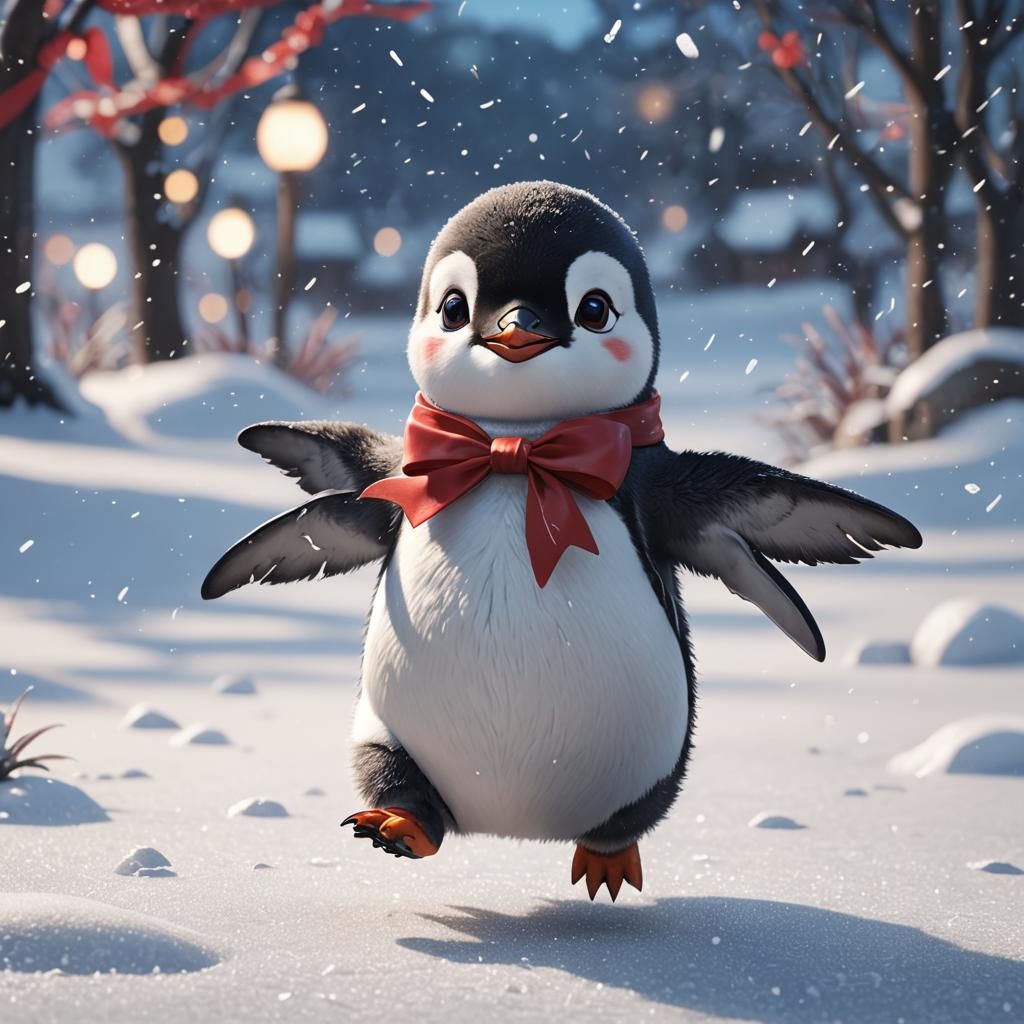 Cute Penguin with Red Bow in Anime Style