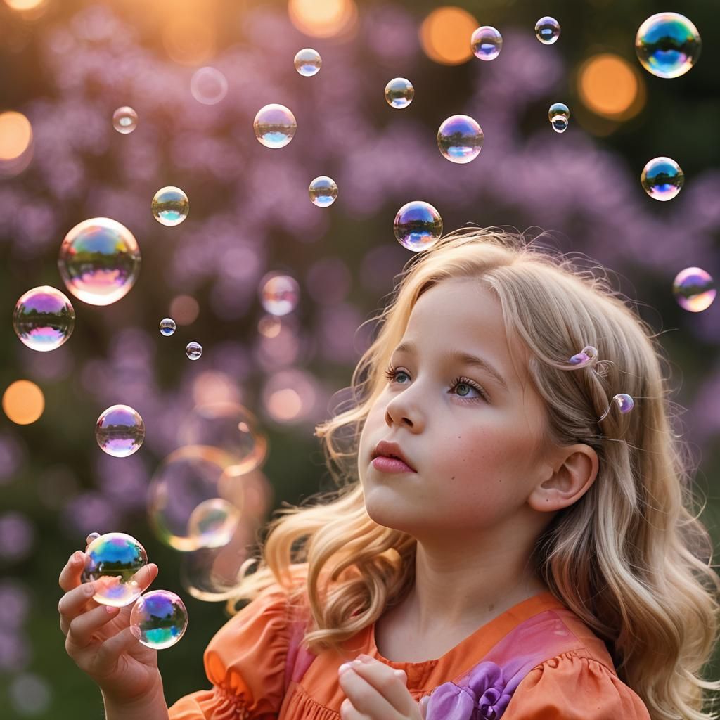 Girl Blowing Bubbles in Sunset Garden Portrait