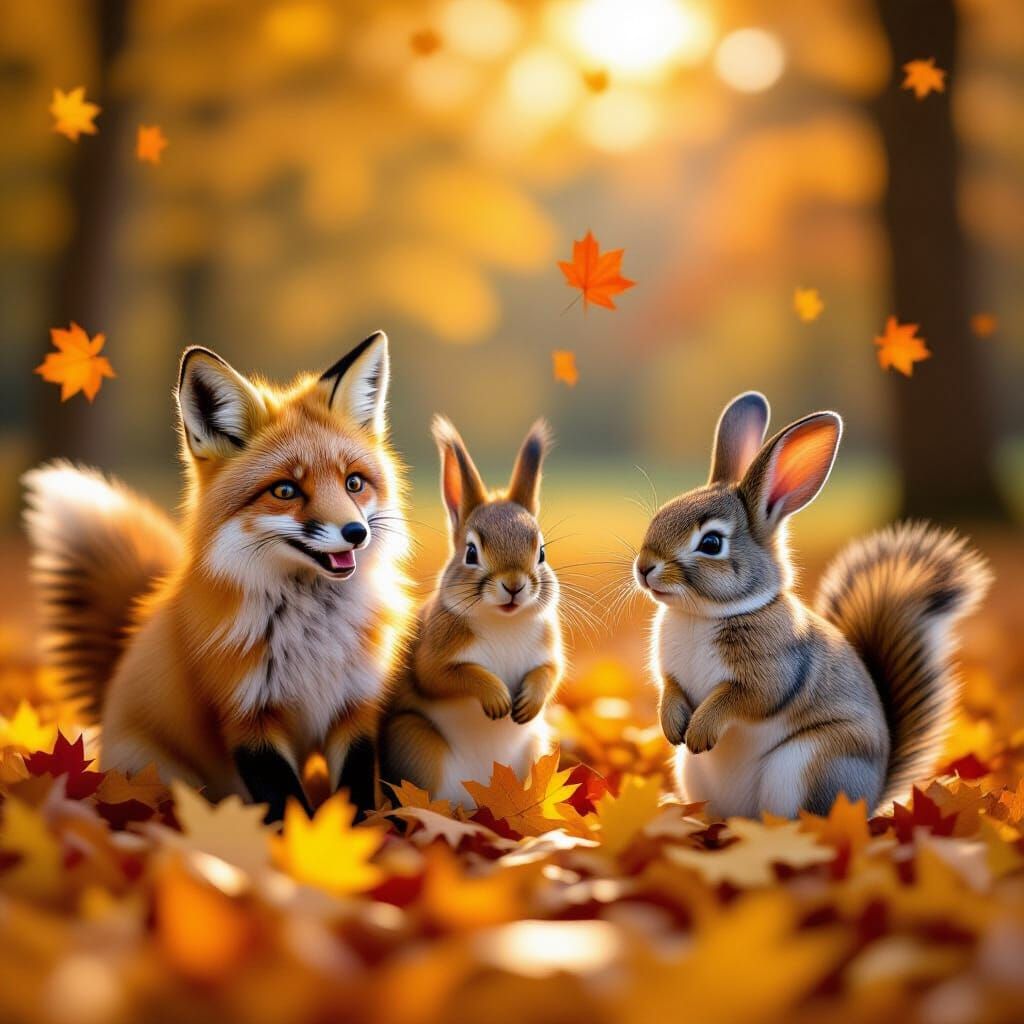 Adorable Animals Play in Autumn Leaves Cinematic Film Still