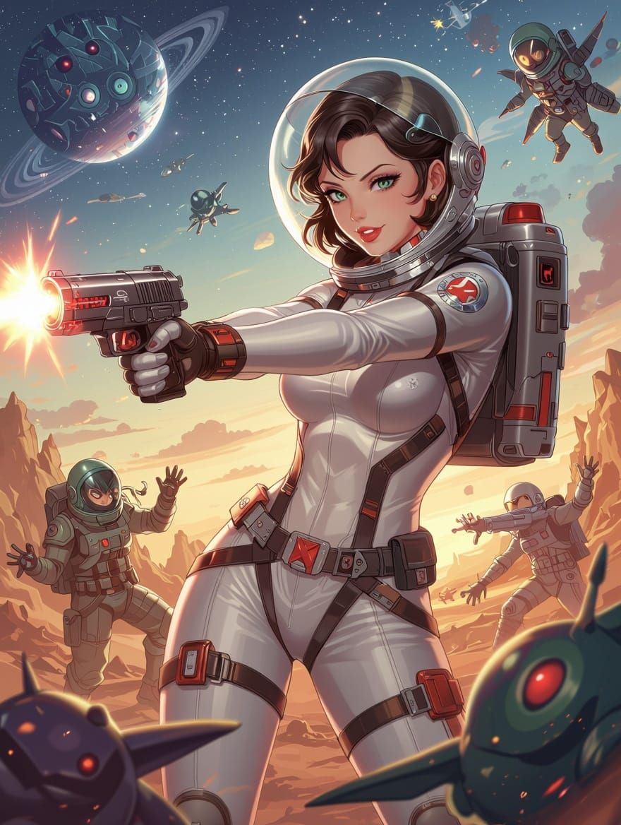 Glamorous 1940s Atom-Punk Astronaut Lady Battles Aliens