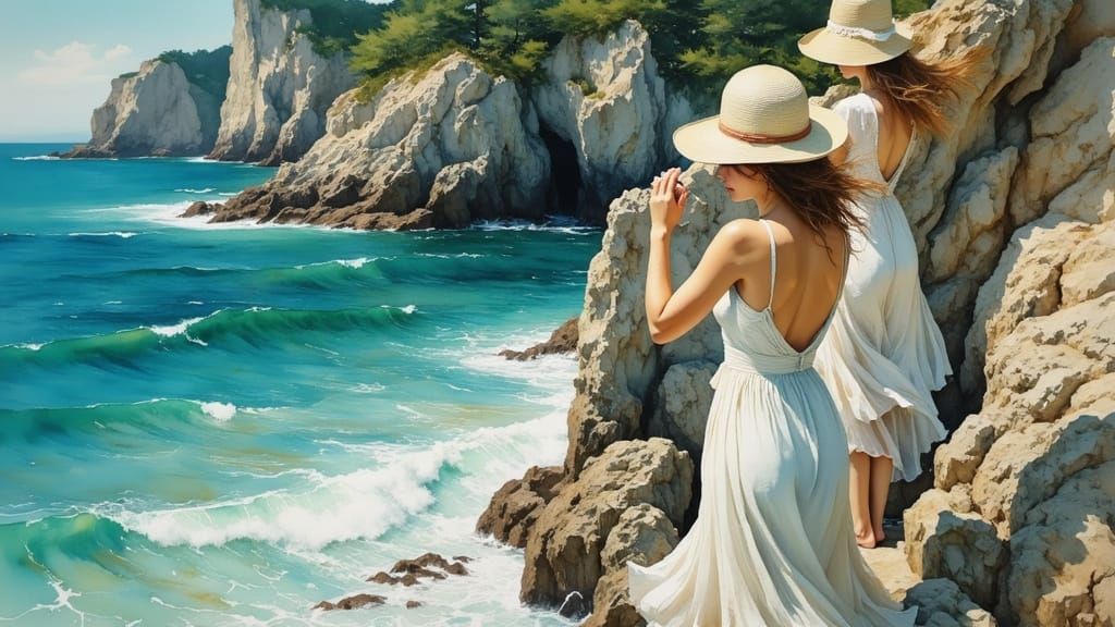 Bathing Maidens on the Cliffs in Soft Impressionist Style