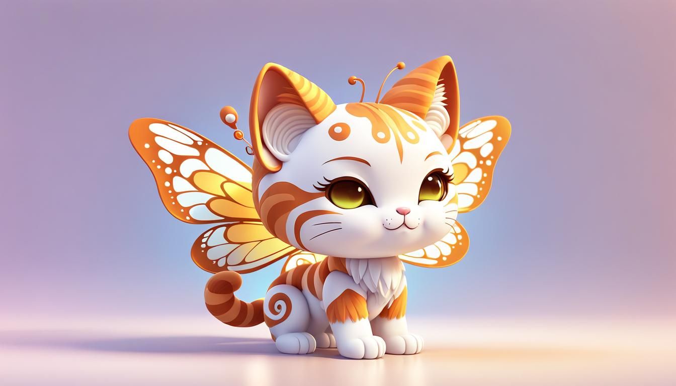 A chibi cat ginger and white streaked hair with butterfly wi...