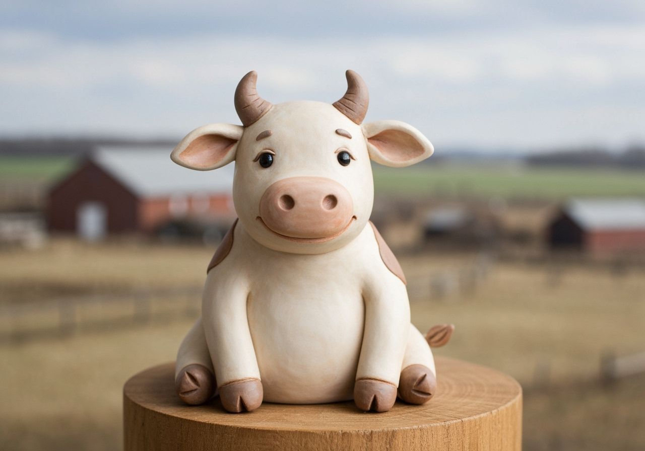 Charming Clay Cow Sculpture on Wooden Pedestal