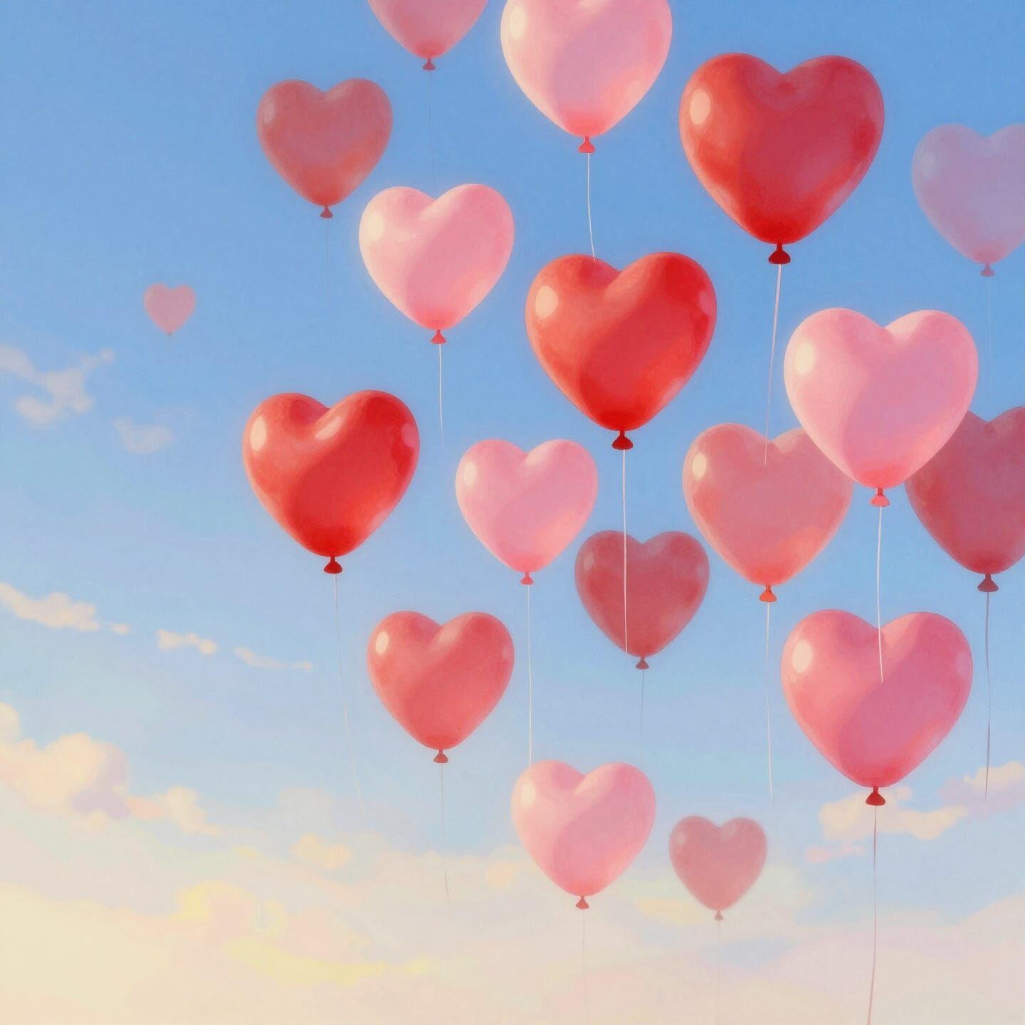 Vibrant Heart Balloons Float in Golden Hour Sky