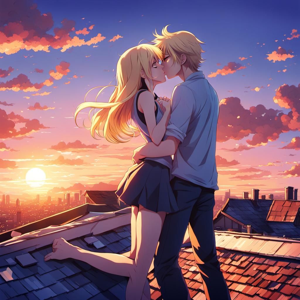 Anime-Style Sunset Kiss on Rooftop, Cel-Shaded Art
