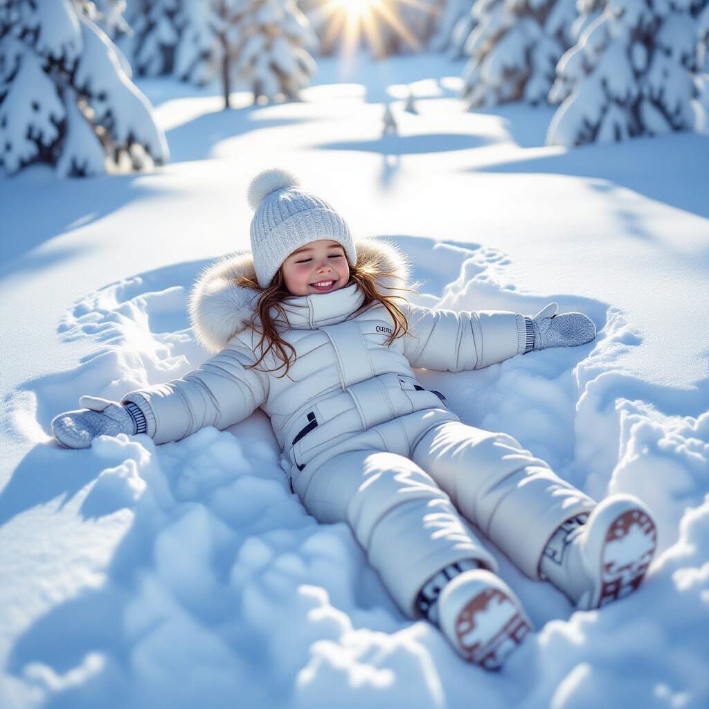 Girl Making Snow Angel in Hyperrealistic Style