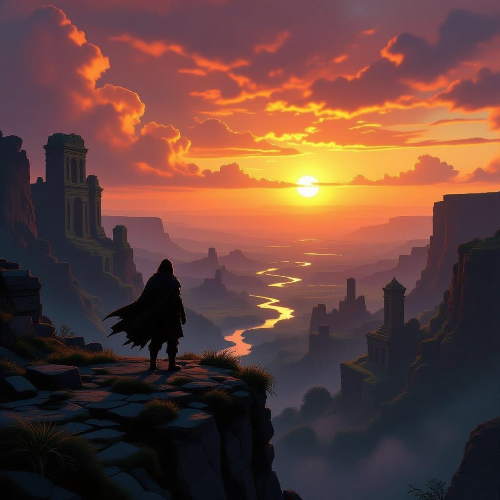 Adventurer Overlooks Wilderness at Sunset, Concept Art Style