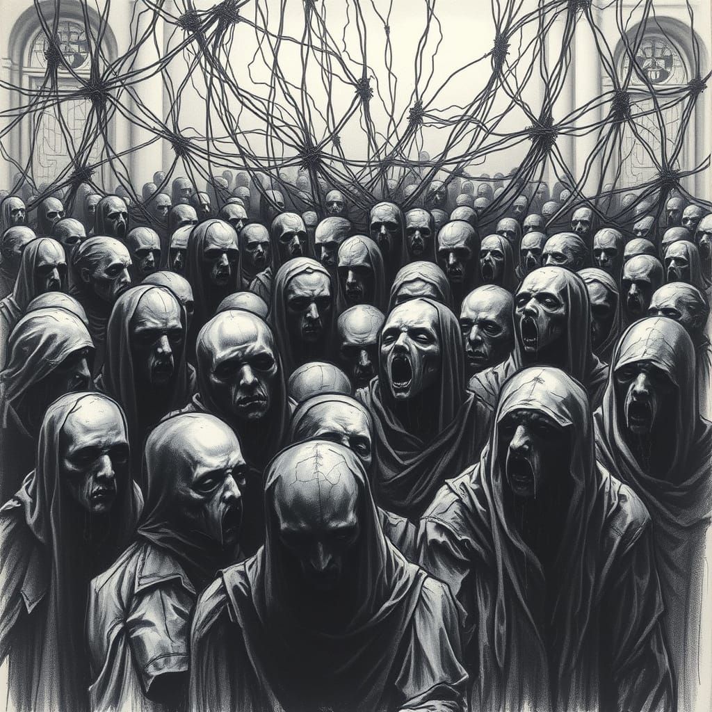 Faceless Figures in Moral Decay: Charcoal Drawing