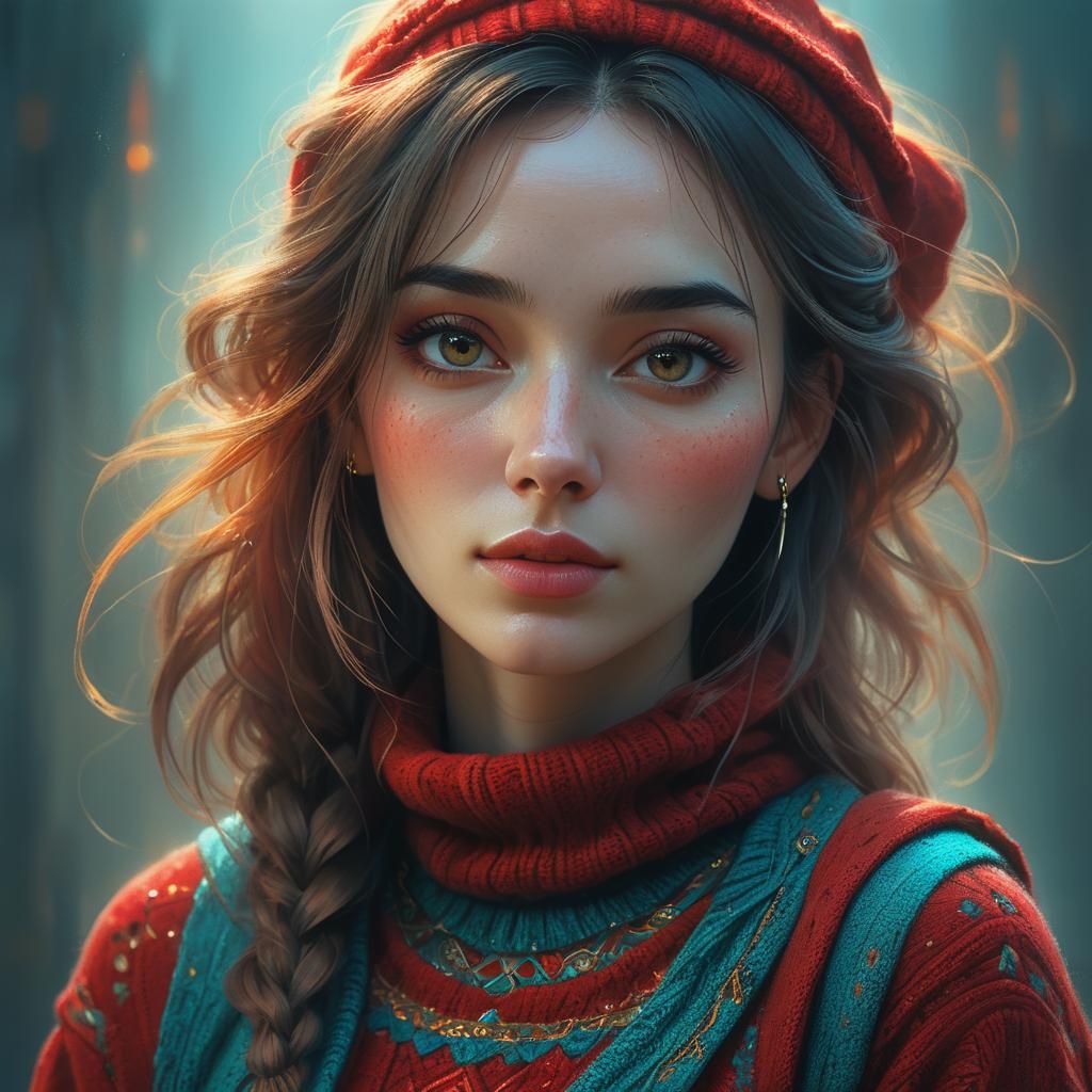 Dreamy Portrait of Girl in Red Jumper