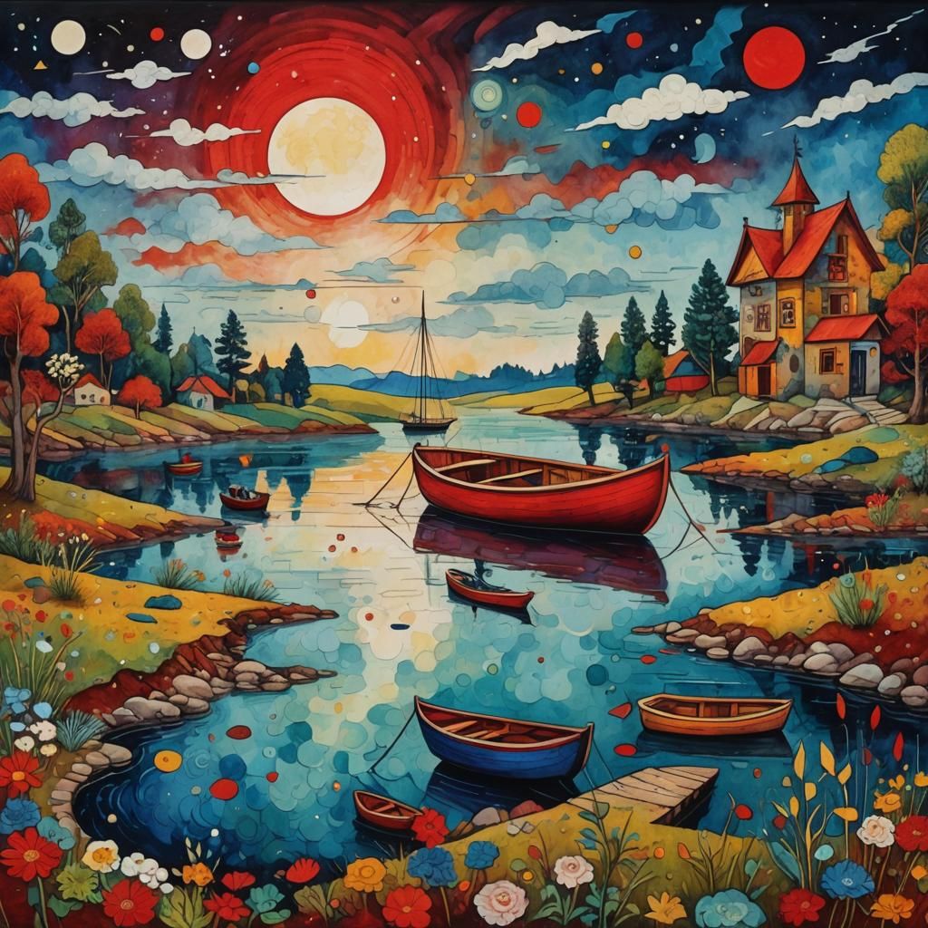 Cozy Red Boat in Abstract Expressionist Style