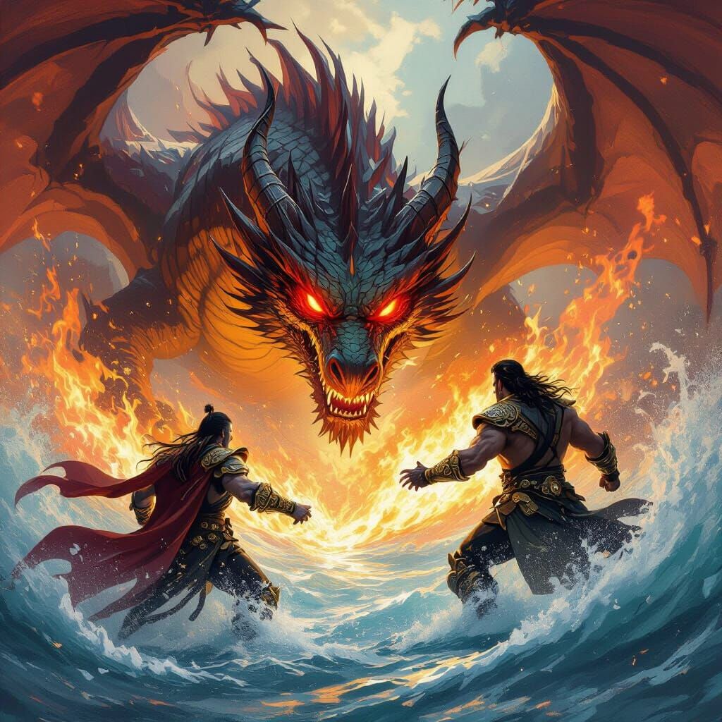 Dragon vs Man Battle with Fire and Water