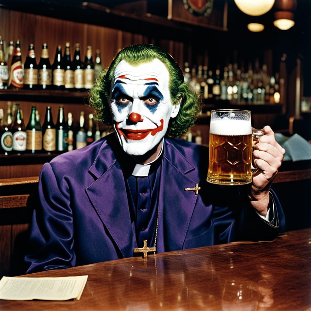 Joker as Priest at Bar: 1950s Color Photo