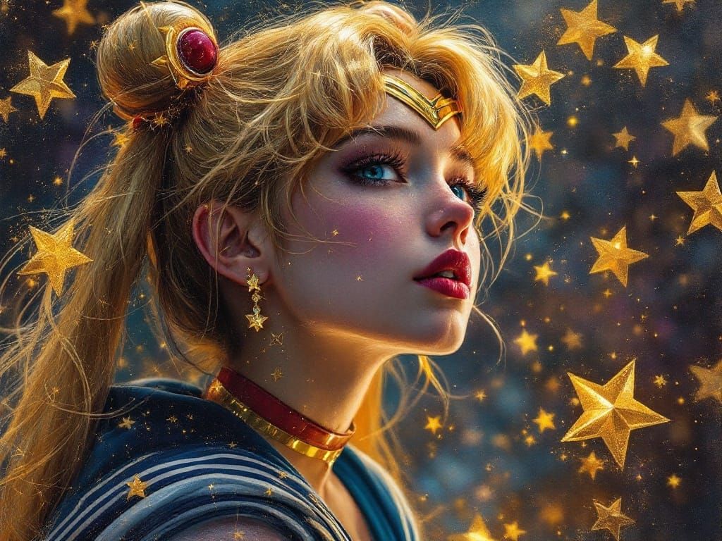 Ethereal Sailor Moon in Oil Painting with Impasto Texture