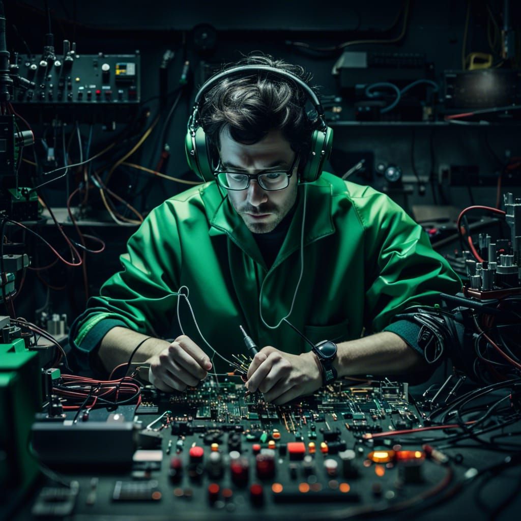 Technician Repairing Electronics at Workbench in Gloomy Ligh...