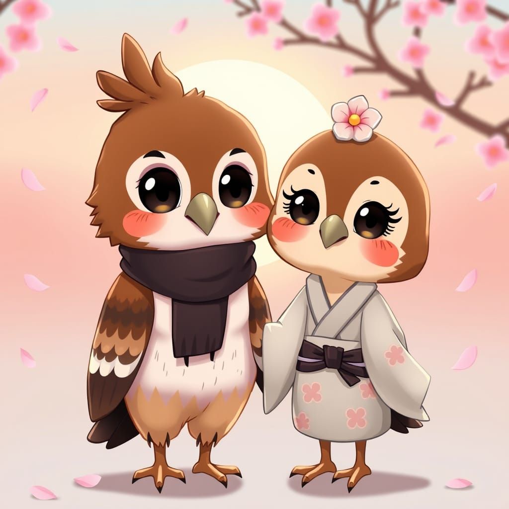 Charming Disney-Style Hawk Couple in Whimsical Murakami-Insp...