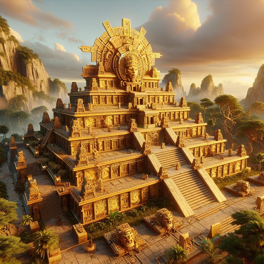 Golden Mayan Sun Temple in Fantasy Art Style