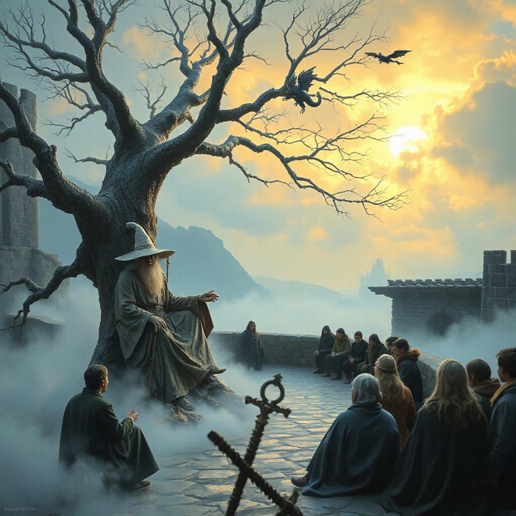 Gandalf in Whimsical Talescape beneath Gondor's Ancient Tree