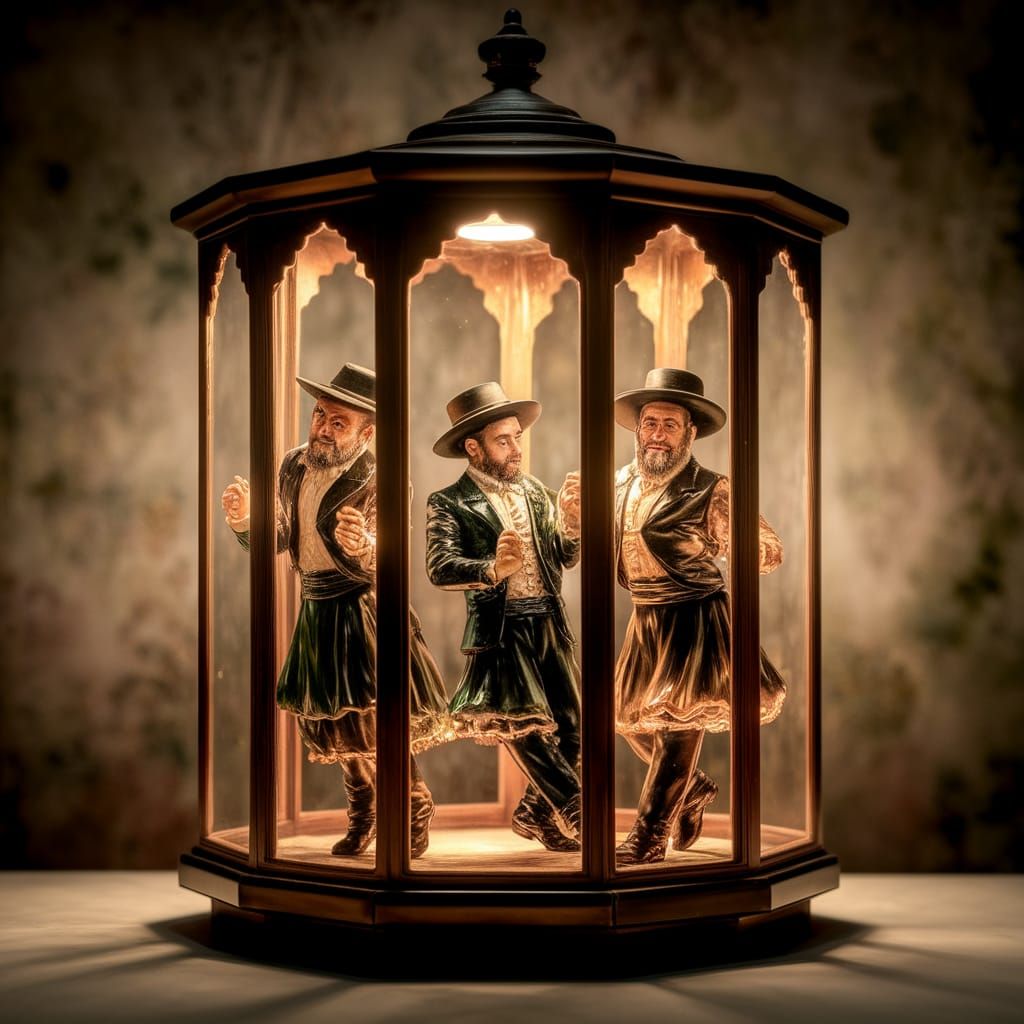 Glass-Crafted Dancing Hasidic Jews in Elegant Cabinet Scene