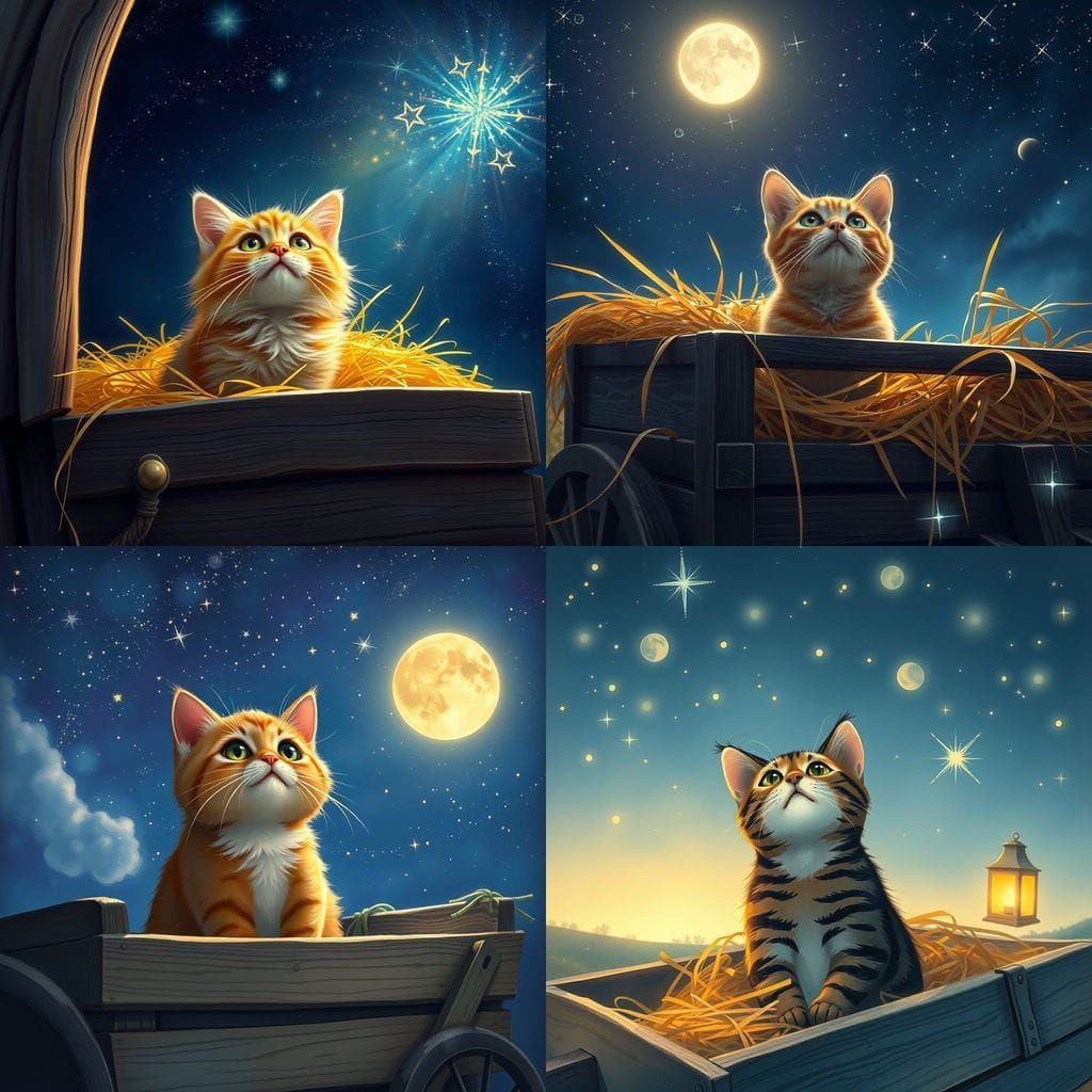 Cat looking up at the stars in a hay wagon