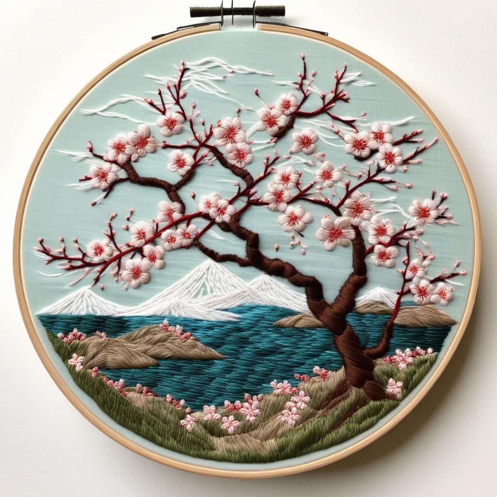 Japanese Cherry Blossoms Embroidery Diorama