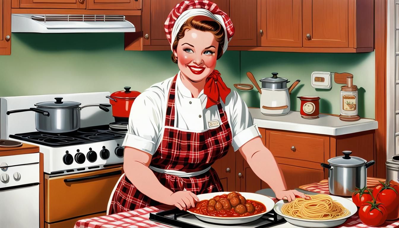 Classic Pinup Style Woman Cooking Spaghetti