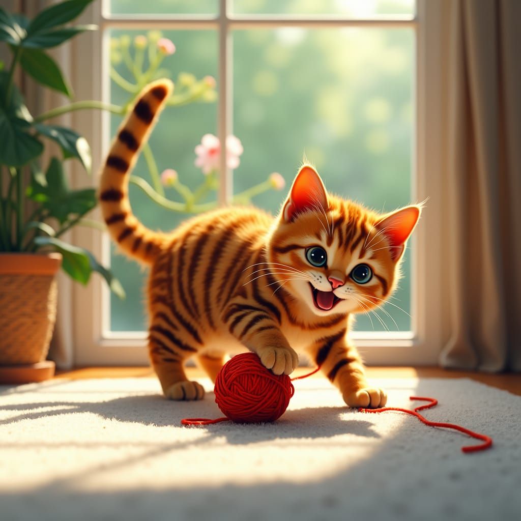 Bengal Cat Playing with Yarn, Digital Painting