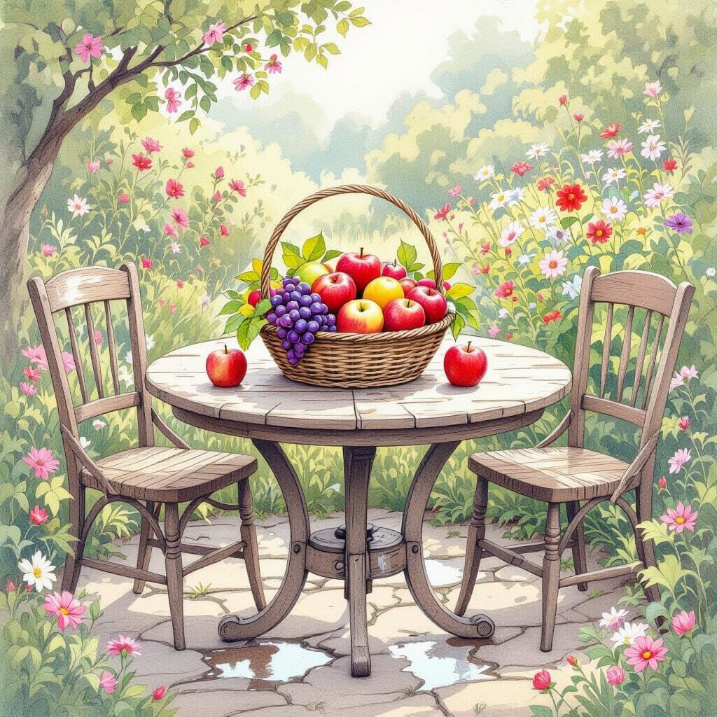 Whimsical Fruit Basket Pencil Illustration in Garden