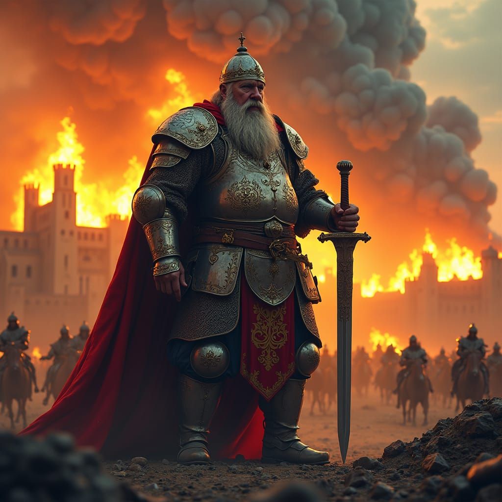 William the Conqueror on Burning Battlefield, Hyper-Realisti...