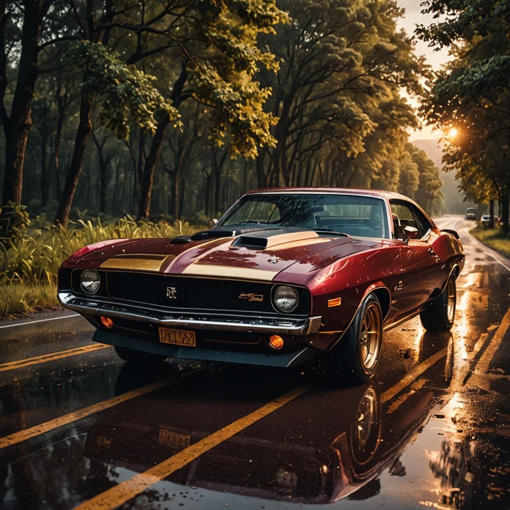 Maroon Muscle Car on Rainy Road: Digital Art