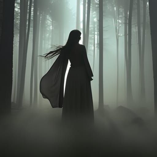 Ethereal Witch in Snowy Forest, Dark Fantasy