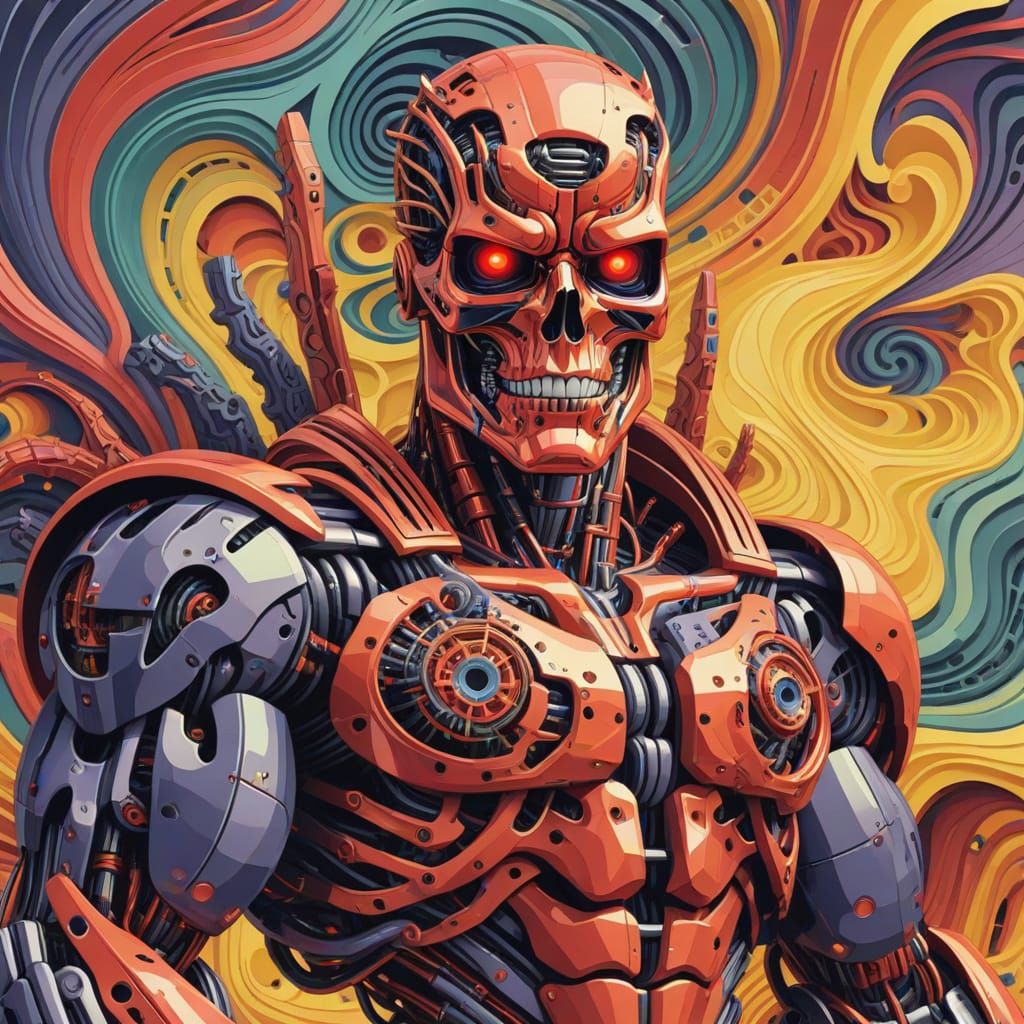 Abstract Terminator Fractal in Gouache Style