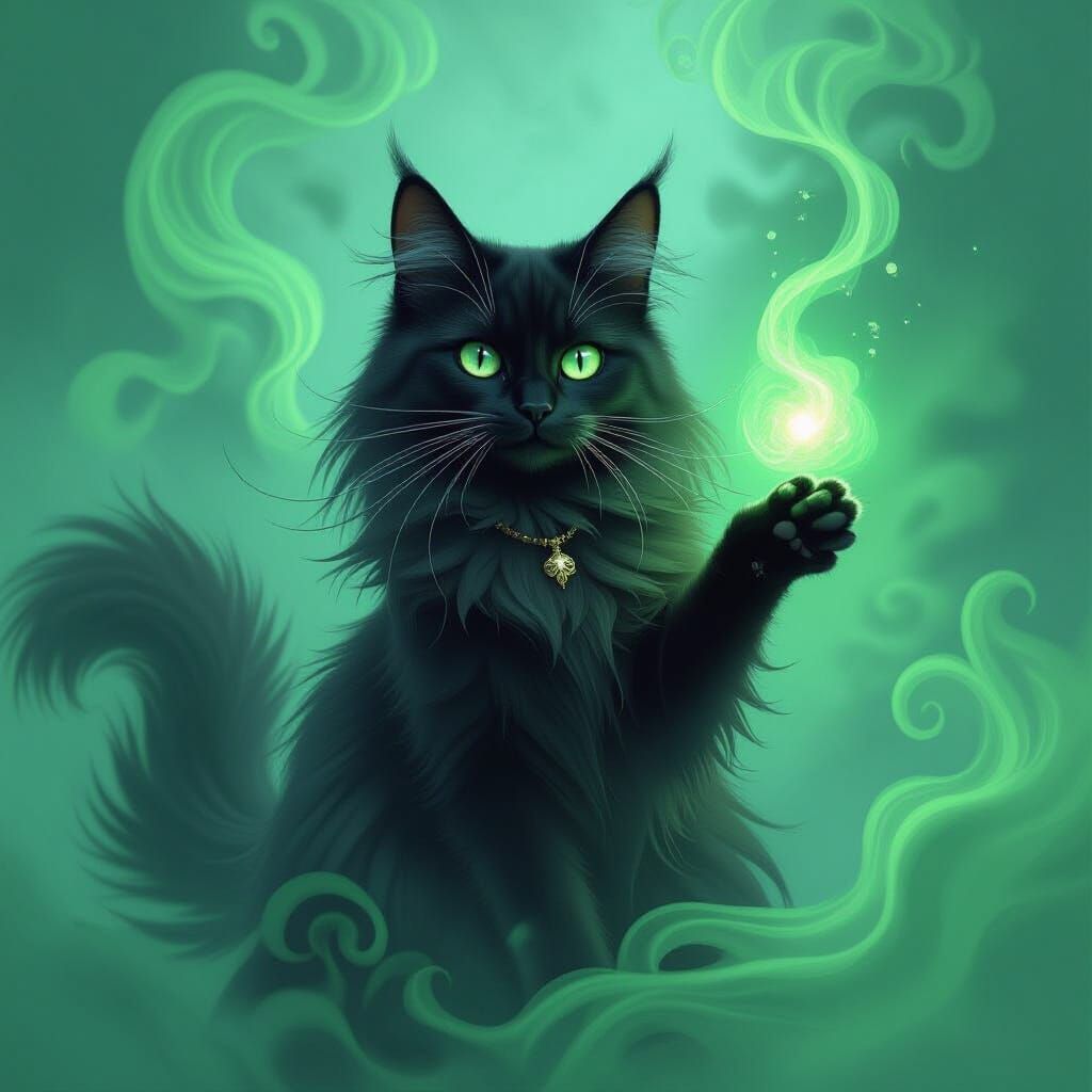 Mystical Black Cat Casting a Green Magic Spell