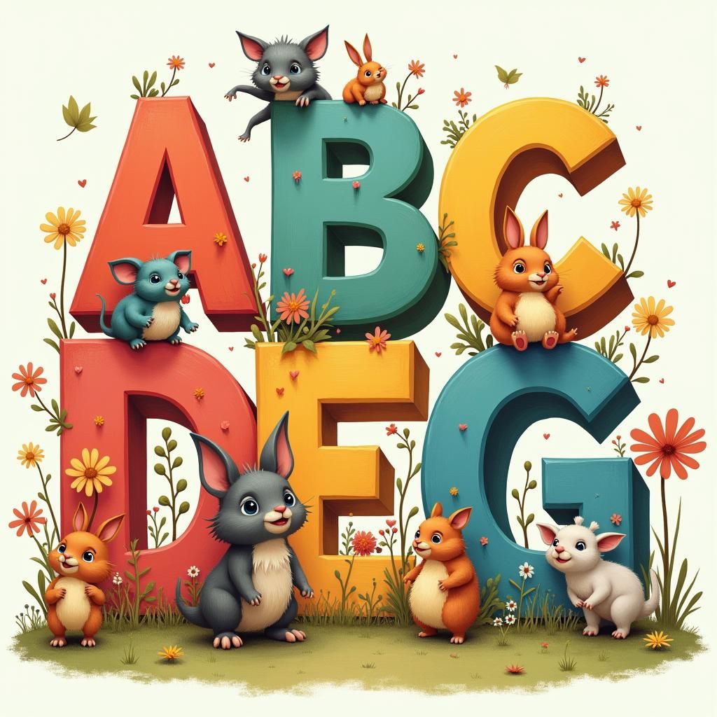 Colorful 3D Alphabet Illustration in Children's Book Style