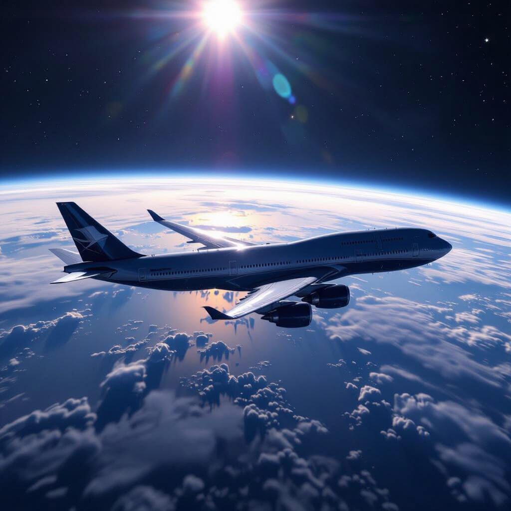 Commercial Airplane Orbits Earth in Cinematic Sci-Fi Style