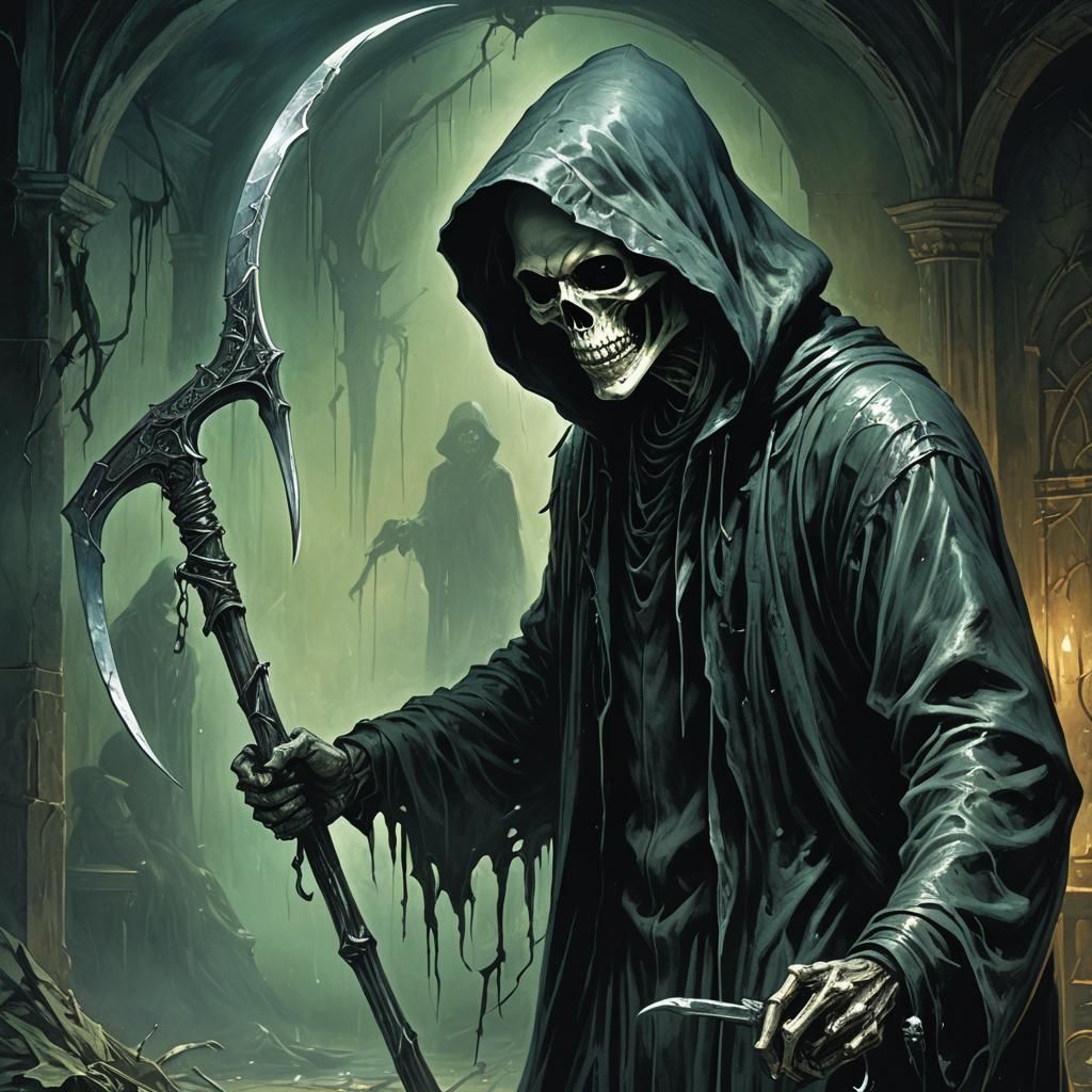 Smiling Grim Reaper with Scythe in Dark Fantasy Style