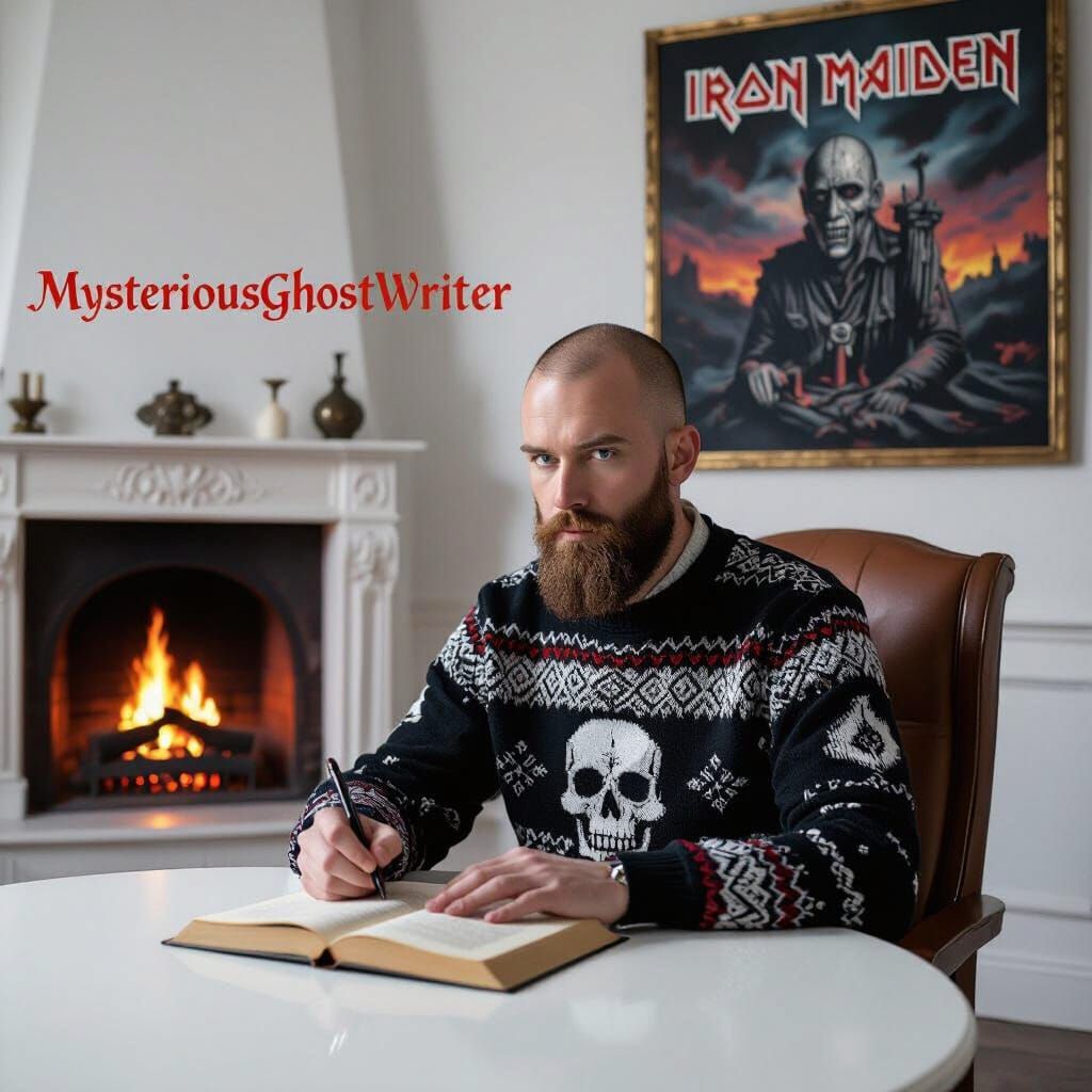 Man Writing in Chair with Dance Macabre Sweater