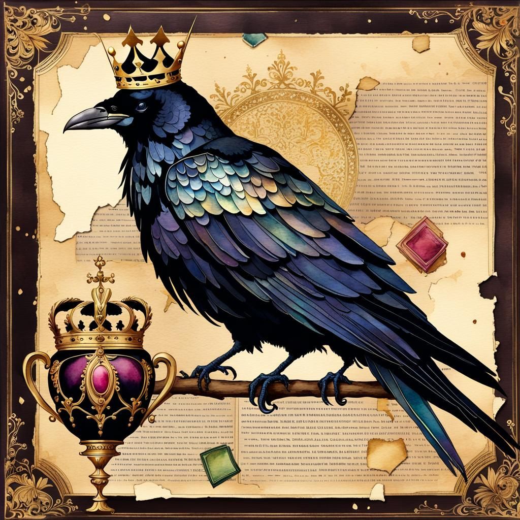Crowned Raven King in Watercolor, Vintage Gothic Style