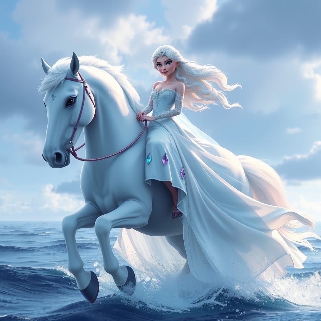 Elsa Rides Water Horse in Realistic Digital Art
